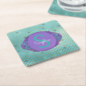 ティール(緑がかった色)とパープルマーメイドモノグラはかりで測ム誕生日 スクエアペーパーコースター (アングル)