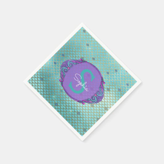ティール（緑がかった色）とパープルマーメイドモノグラはかりで測ム誕生日 スタンダードカクテルナプキン (角)