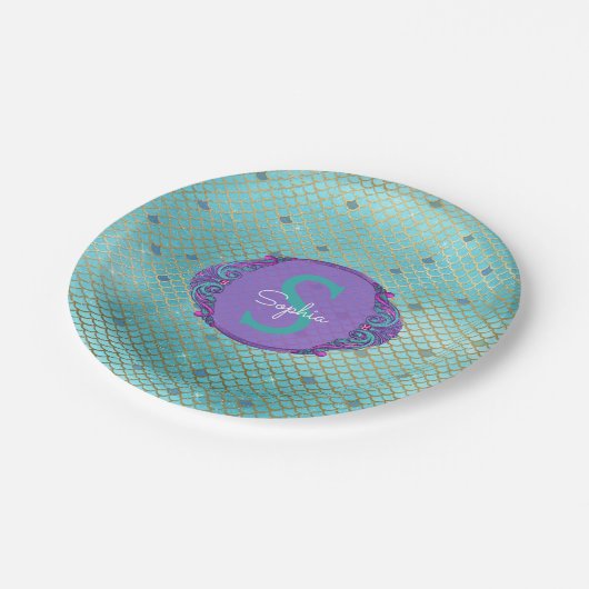 ティール(緑がかった色)とパープルマーメイドモノグラはかりで測ム誕生日 ペーパープレート (アングル)