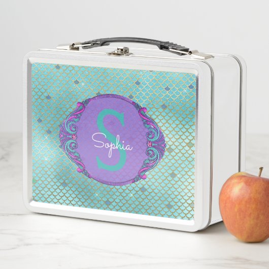 ティール（緑がかった色）とパープルマーメイドモノグラムはかりで測スクール メタルランチボックス (インサイチュ)