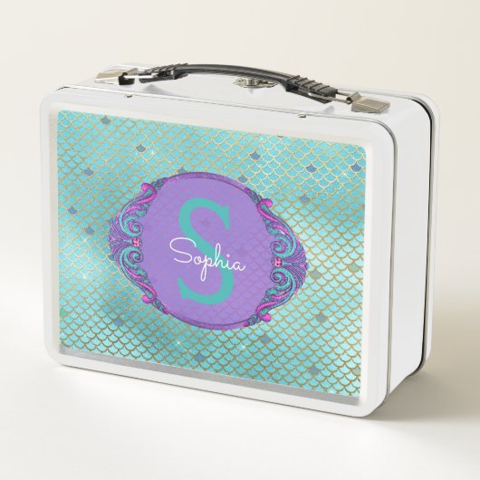 ティール(緑がかった色)とパープルマーメイドモノグラムはかりで測スクール メタルランチボックス (裏面)