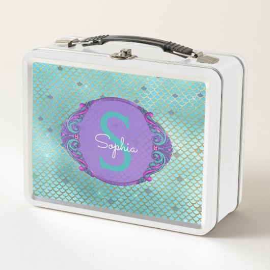 ティール（緑がかった色）とパープルマーメイドモノグラムはかりで測スクール メタルランチボックス (正面)