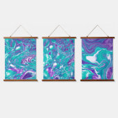 ティール(緑がかった色)とパープル大理石の流体アートぶら下がったのタペストリー 吊り下げ型タペストリー (トリプル)