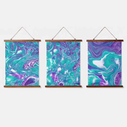 ティール(緑がかった色)とパープル大理石の流体アートぶら下がったのタペストリー 吊り下げ型タペストリー (トリプル)
