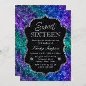 ティール(緑がかった色)とパープル海グラマーグリッタースウィート16 招待状 (正面/裏面)