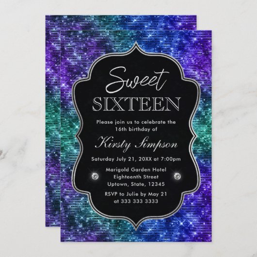 ティール（緑がかった色）とパープル海グラマーグリッタースウィート16 招待状 (正面/裏面)
