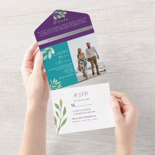 ティール(緑がかった色)とパープル結婚ズ オールインワン招待状 (貼ってはがせる)