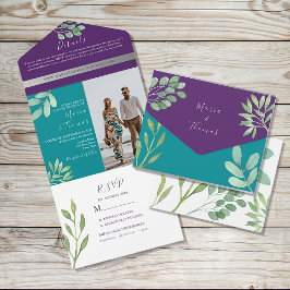 ティール（緑がかった色）とパープル結婚ズ オールインワン招待状