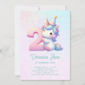ティール（緑がかった色）とピンクかわいいユニコーン第2誕生日 招待状 (正面)
