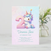 ティール(緑がかった色)とピンクかわいいユニコーン第2誕生日 招待状 (スタンド正面)