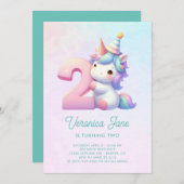 ティール(緑がかった色)とピンクかわいいユニコーン第2誕生日 招待状 (正面/裏面)