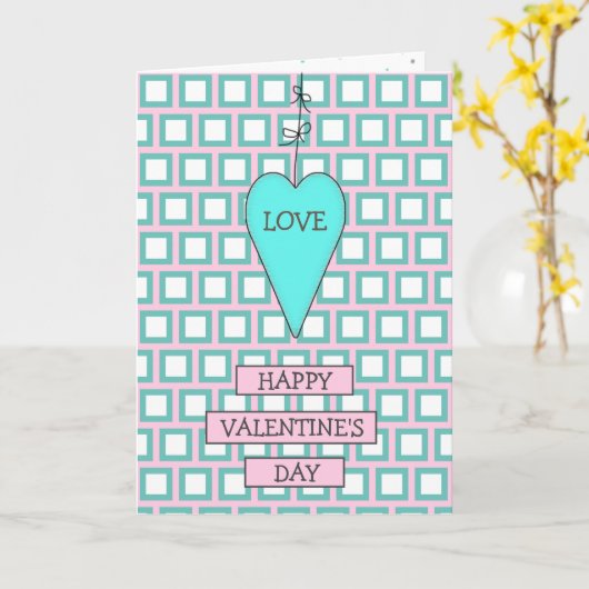 ティール（緑がかった色）とピンクのお洒落ハートと弓バレンタイン カード (黄色い花)