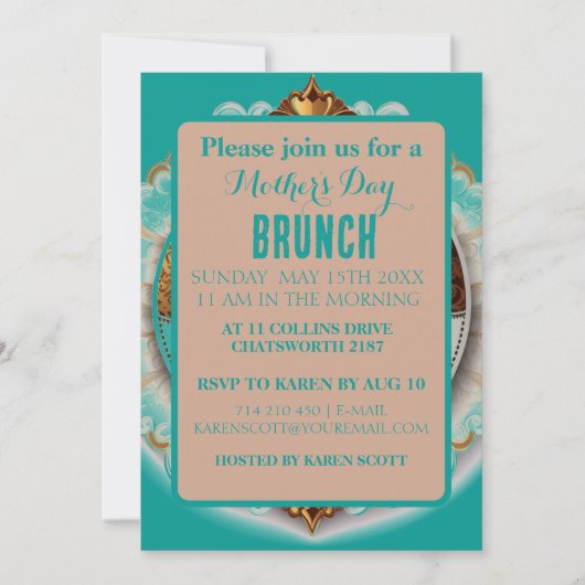 ティール(緑がかった色)とピンクのスクラップブックスタイル母の日 招待状 (正面)