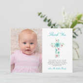 ティール（緑がかった色）とピンクのフローラクロスバプテスマ写真ありがとう サンキューカード (スタンド正面)