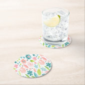 ティール（緑がかった色）とピンクのフローラコースター ラウンドペーパーコースター (インサイチュ)