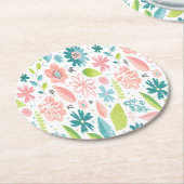 ティール（緑がかった色）とピンクのフローラコースター ラウンドペーパーコースター (アングル)