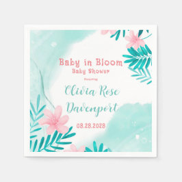 ティール（緑がかった色）とピンクのフローラベビーの開花ベビーシャワー スタンダードカクテルナプキン