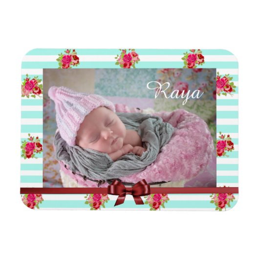 ティール（緑がかった色）とピンクのフローラヴィンテージプリントフォト磁石 マグネット (横)