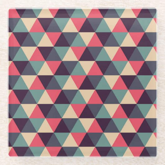 ティール（緑がかった色）とピンクの三角形のパターン ガラスコースター (正面)