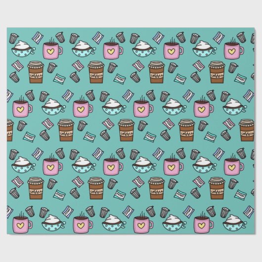 ティール（緑がかった色）とピンクの可愛いコーヒーマグ ラッピングペーパー (フラット)