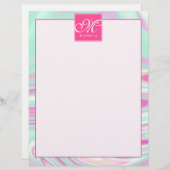 ティール（緑がかった色）とピンクの大理石パターンモノグラムレターヘッド (正面/裏面)