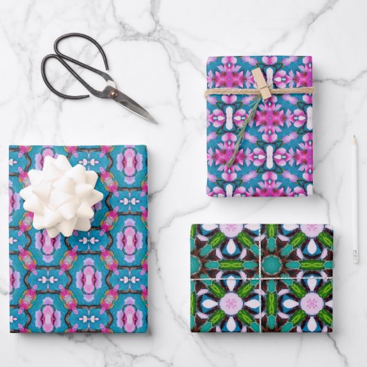 ティール（緑がかった色）とピンクの抽象芸術星型No2 ラッピングペーパーシート (正面)