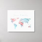 ティール（緑がかった色）とピンクの水彩世界地図ゲストブック キャンバスプリント (正面)