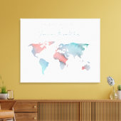 ティール（緑がかった色）とピンクの水彩世界地図ゲストブック キャンバスプリント (インサイチュ (リビング))