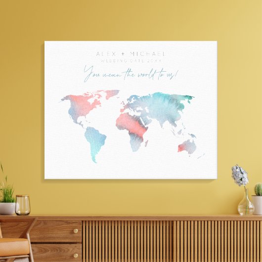 ティール（緑がかった色）とピンクの水彩世界地図ゲストブック キャンバスプリント (インサイチュ (リビング))