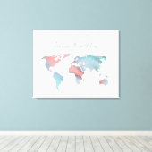ティール（緑がかった色）とピンクの水彩世界地図ゲストブック キャンバスプリント (インサイチュ (ウッドフロア))