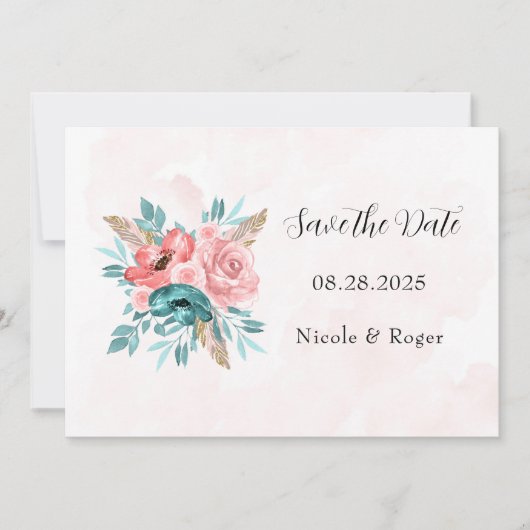 ティール（緑がかった色）とピンクの牡丹の花は日付カードを保存 招待状 (正面)