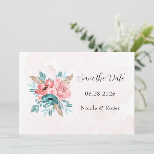 ティール（緑がかった色）とピンクの牡丹の花は日付カードを保存 招待状 (スタンド正面)