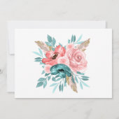 ティール（緑がかった色）とピンクの牡丹の花は日付カードを保存 招待状 (裏面)