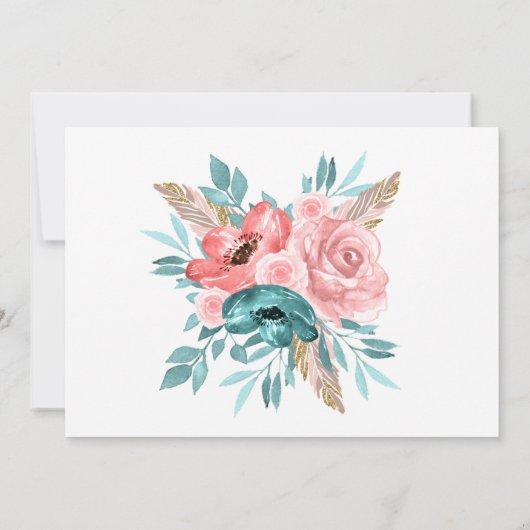 ティール（緑がかった色）とピンクの牡丹の花は日付カードを保存 招待状 (裏面)