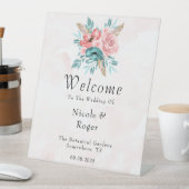 ティール（緑がかった色）とピンクの牡丹結婚の花の歓迎サイン 台座サイン (インサイチュ)