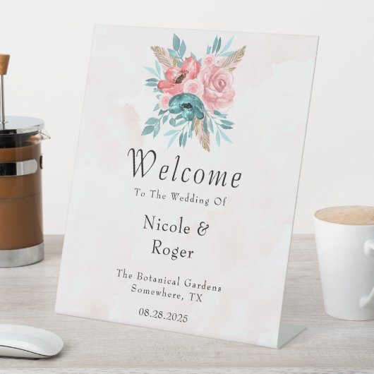 ティール(緑がかった色)とピンクの牡丹結婚の花の歓迎サイン 台座サイン (インサイチュ)
