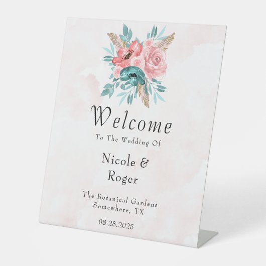 ティール（緑がかった色）とピンクの牡丹結婚の花の歓迎サイン 台座サイン (正面)
