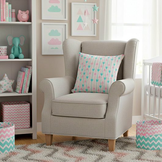 ティール（緑がかった色）とピンクの矢印 クッション