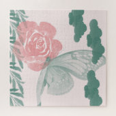 ティール（緑がかった色）とピンクの花をテーマにした水彩自然 ジグソーパズル (横)