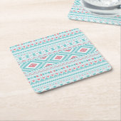 ティール(緑がかった色)とピンクの部アステカ族のパターン スクエアペーパーコースター (アングル)