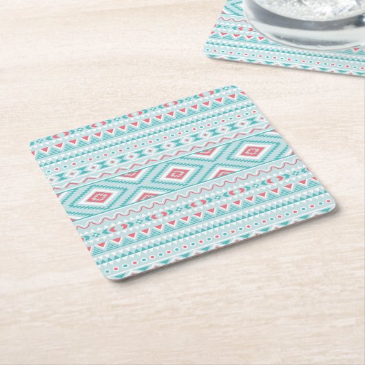 ティール(緑がかった色)とピンクの部アステカ族のパターン スクエアペーパーコースター (アングル)