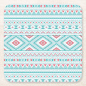 ティール(緑がかった色)とピンクの部アステカ族のパターン スクエアペーパーコースター (正面)