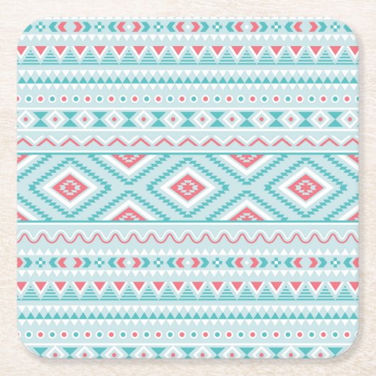 ティール(緑がかった色)とピンクの部アステカ族のパターン スクエアペーパーコースター (正面)