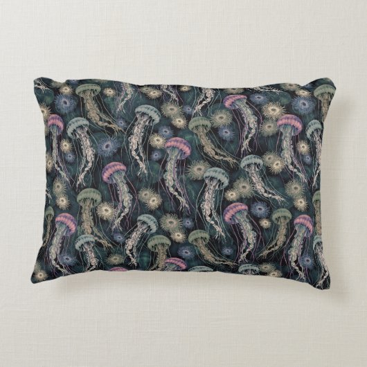 ティール(緑がかった色)とピンクのEtherealクラゲとAnemones アクセントクッション (裏面)