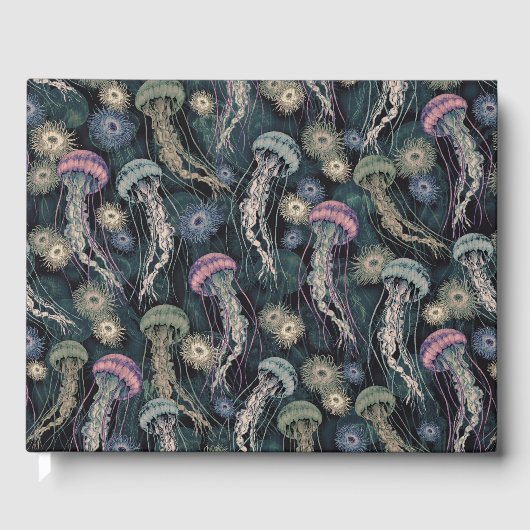 ティール（緑がかった色）とピンクのEtherealクラゲとAnemones ゲストブック (正面)