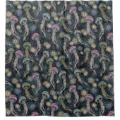 ティール（緑がかった色）とピンクのEtherealクラゲとAnemones シャワーカーテン (正面)