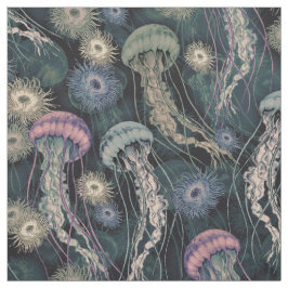 ティール（緑がかった色）とピンクのEtherealクラゲとAnemones ファブリック