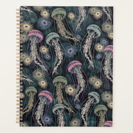 ティール（緑がかった色）とピンクのEtherealクラゲとAnemones プランナー手帳 (正面)