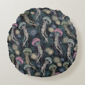 ティール（緑がかった色）とピンクのEtherealクラゲとAnemones ラウンドクッション (正面)