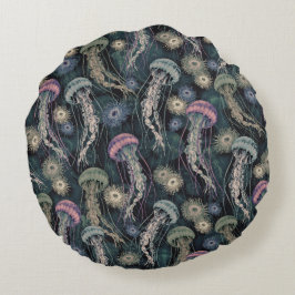 ティール（緑がかった色）とピンクのEtherealクラゲとAnemones ラウンドクッション